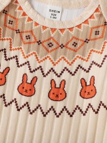 SHEIN 2pcs Newborn Girl Romper Beanie Set Cute Beige Orange Rabbit Fair Isle Rib Long Sleeve Round Neck Regular Photography Fall Winter Cozy Princess Snaps - Yellow - View 7