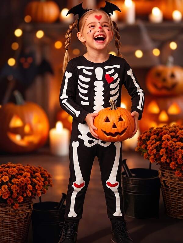 Mono ajustado con estampado de calavera para niñas, tela suave, cremallera trasera fácil de usar, adecuado para Halloween, fiestas, salidas y talla grande