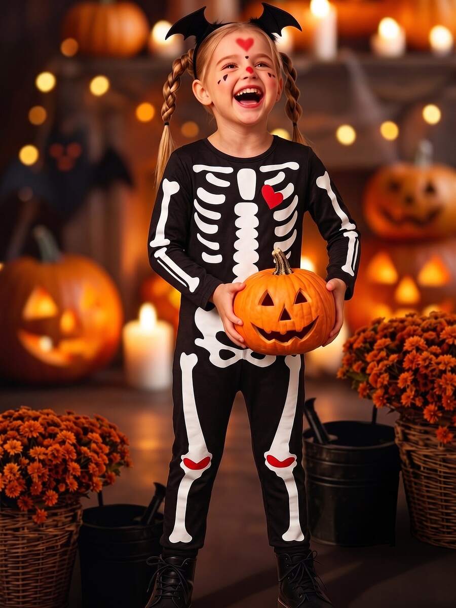 Elladie kids Girls' Skull Print Slim Fit Jumpsuit, Soft Fabric, Back Zipper Easy To Wear, Suitable For Halloween, Party, Outing And More - Black - View 1