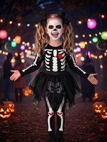 Elladie kids Girls' Skull Print Slim Fit Jumpsuit, Soft Fabric, Back Zipper Easy To Wear, Suitable For Halloween, Party, Outing And More - Black - View 5