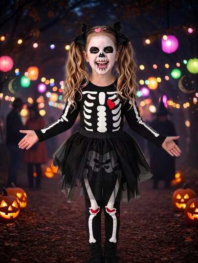 Elladie kids Jumpsuit Slim Fit Motif Tengkorak untuk Anak Perempuan, Kain Lembut, Resleting Belakang, Mudah Dipakai, Cocok untuk Halloween, Pesta, Jalan-jalan, dan Lainnya