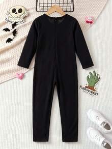 Elladie kids Girls' Skull Print Slim Fit Jumpsuit, Soft Fabric, Back Zipper Easy To Wear, Suitable For Halloween, Party, Outing And More - Black - View 2