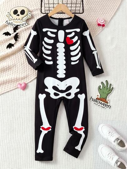 Elladie kids Jumpsuit Slim Fit Motif Tengkorak untuk Anak Perempuan, Kain Lembut, Resleting Belakang, Mudah Dipakai, Cocok untuk Halloween, Pesta, Jalan-jalan, dan Lainnya