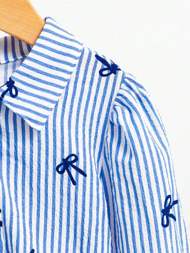 Elladie kids Young Girls Striped Bow Print Blouses,Features A 3D Bow Detail On The Back. Casual,Autumn Bride Birthday - Blue - View 5