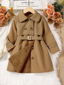 Elladie kids 女童简约双排扣中长款系带风衣，适合春秋季的年轻女孩时尚风衣 - 卡其色 - 查看 4
