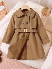 Elladie kids 女童简约双排扣中长款系带风衣，适合春秋季的年轻女孩时尚风衣 - 卡其色 - 查看 9