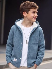 SHEIN Boys' Basic Casual Corduroy Hooded Fleece Jacket - Blue - View 1