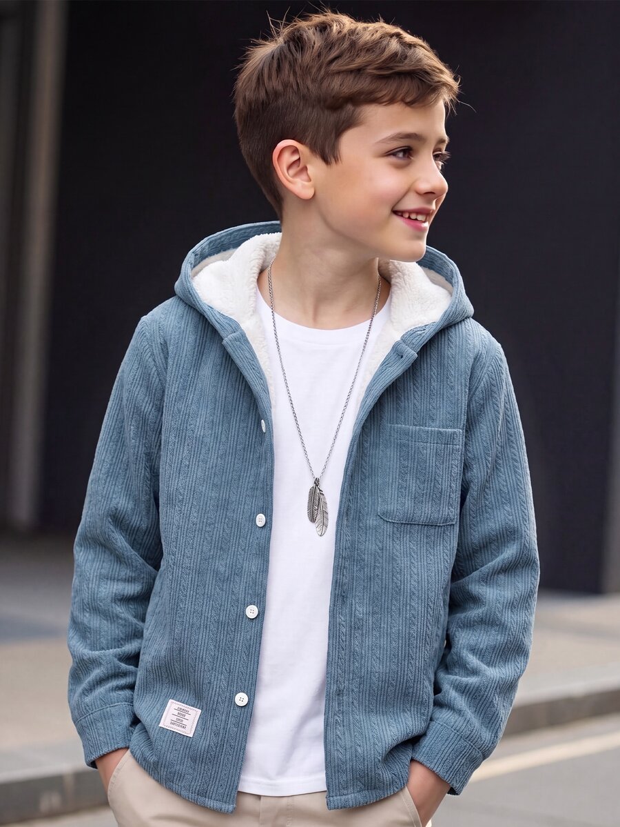 SHEIN Boys' Basic Casual Corduroy Hooded Fleece Jacket - Blue - View 1