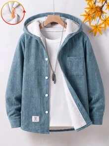 SHEIN Boys' Basic Casual Corduroy Hooded Fleece Jacket - Blue - View 4