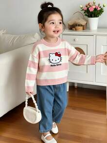 HELLO KITTY AND FRIENDS | SHEIN GraphicGems 女童毛巾刺繡圓領套頭針織上衣，粉色與米色條紋，柔軟學院風，舒適適合秋冬，簡約可愛優雅長袖紅色上衣，適合旅行、外出、派對、戶外玩耍、野餐 - 粉色 - 查看 5