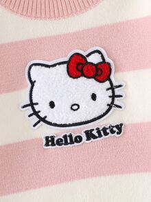 HELLO KITTY AND FRIENDS | SHEIN GraphicGems 女童毛巾刺繡圓領套頭針織上衣，粉色與米色條紋，柔軟學院風，舒適適合秋冬，簡約可愛優雅長袖紅色上衣，適合旅行、外出、派對、戶外玩耍、野餐 - 粉色 - 查看 10