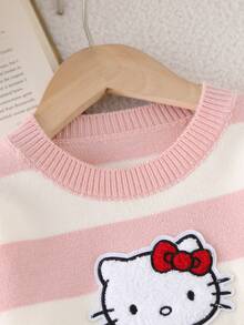 HELLO KITTY AND FRIENDS | SHEIN GraphicGems 女童毛巾刺繡圓領套頭針織上衣，粉色與米色條紋，柔軟學院風，舒適適合秋冬，簡約可愛優雅長袖紅色上衣，適合旅行、外出、派對、戶外玩耍、野餐 - 粉色 - 查看 7