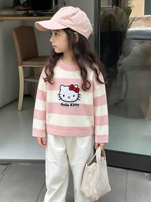 HELLO KITTY AND FRIENDS | SHEIN GraphicGems 女童毛巾刺繡圓領套頭針織上衣，粉色與米色條紋，柔軟學院風，舒適適合秋冬，簡約可愛優雅長袖紅色上衣，適合旅行、外出、派對、戶外玩耍、野餐 - 粉色 - 查看 8