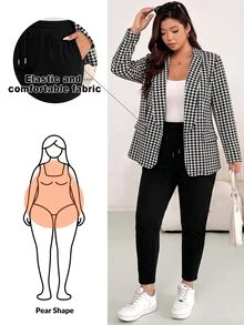 Shapeblank 大尺碼女款秋冬休閒寬鬆彈性舒適日常基本款黑白長袖夾克與黑色長褲套裝，上班穿著 - 黑與白 - 查看 1