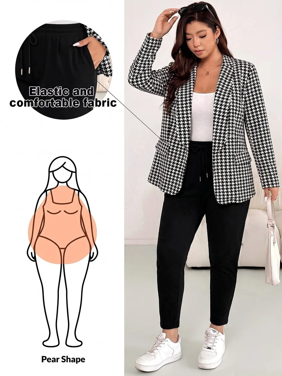 Shapeblank 大尺碼女款秋冬休閒寬鬆彈性舒適日常基本款黑白長袖夾克與黑色長褲套裝,上班穿著 - 黑與白 - 查看 1