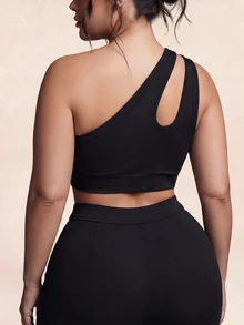 SHEIN Rhythm Era Plus Size Solid Color One-Shoulder Hollow Out Sports Bra Pilates Gym Black Summer - Black - View 2