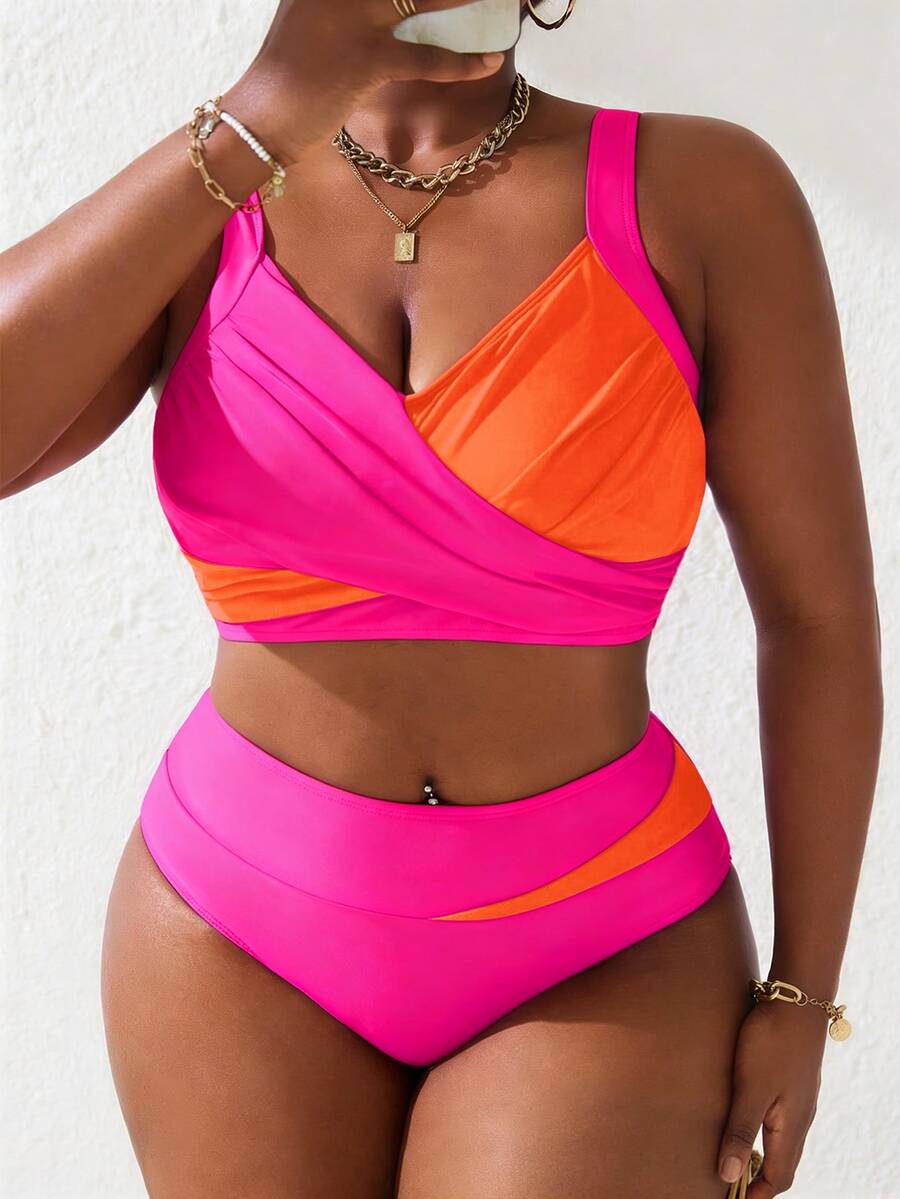 Slaydiva Plus Size Women 2pcs Coral Pink Splice Ruched Tankini Swimwear Set, Summer Beach Holiday - Multicolor - View 1