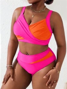 Slaydiva Plus Size Women 2pcs Coral Pink Splice Ruched Tankini Swimwear Set, Summer Beach Holiday - Multicolor - View 5