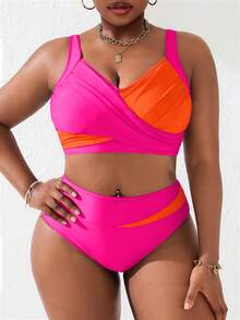 Slaydiva Plus Size Women 2pcs Coral Pink Splice Ruched Tankini Swimwear Set, Summer Beach Holiday - Multicolor - View 3