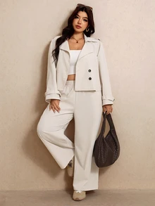 Elaquor Plus Double Breasted Jacket Wide Leg Pants Formal Brunch Business Office Vacation White Autumn Casual Smart Elegant Fall - Khaki - View 2