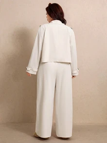 Elaquor Plus Double Breasted Jacket Wide Leg Pants Formal Brunch Business Office Vacation White Autumn Casual Smart Elegant Fall - Khaki - View 3