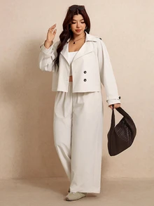 Elaquor Plus Double Breasted Jacket Wide Leg Pants Formal Brunch Business Office Vacation White Autumn Casual Smart Elegant Fall - Khaki - View 7