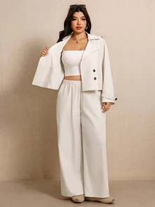 Elaquor Plus Double Breasted Jacket Wide Leg Pants Formal Brunch Business Office Vacation White Autumn Casual Smart Elegant Fall - Khaki - View 8