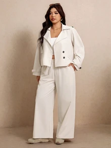 Elaquor Plus Double Breasted Jacket Wide Leg Pants Formal Brunch Business Office Vacation White Autumn Casual Smart Elegant Fall - Khaki - View 5