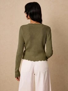 Poéselle 女款單排扣圓弧下擺長袖針織衫 - 軍綠色 - 查看 2