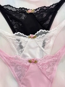 Nora Wilde 3PCS Floral Lace Thong, Soft And Comfortable Fabric, Suitable For Daily Wear, Sweet And Cute, Perfect For Dates And Parties. - Multicolor - View 3