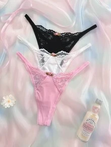 Nora Wilde 3PCS Floral Lace Thong, Soft And Comfortable Fabric, Suitable For Daily Wear, Sweet And Cute, Perfect For Dates And Parties. - Multicolor - View 5