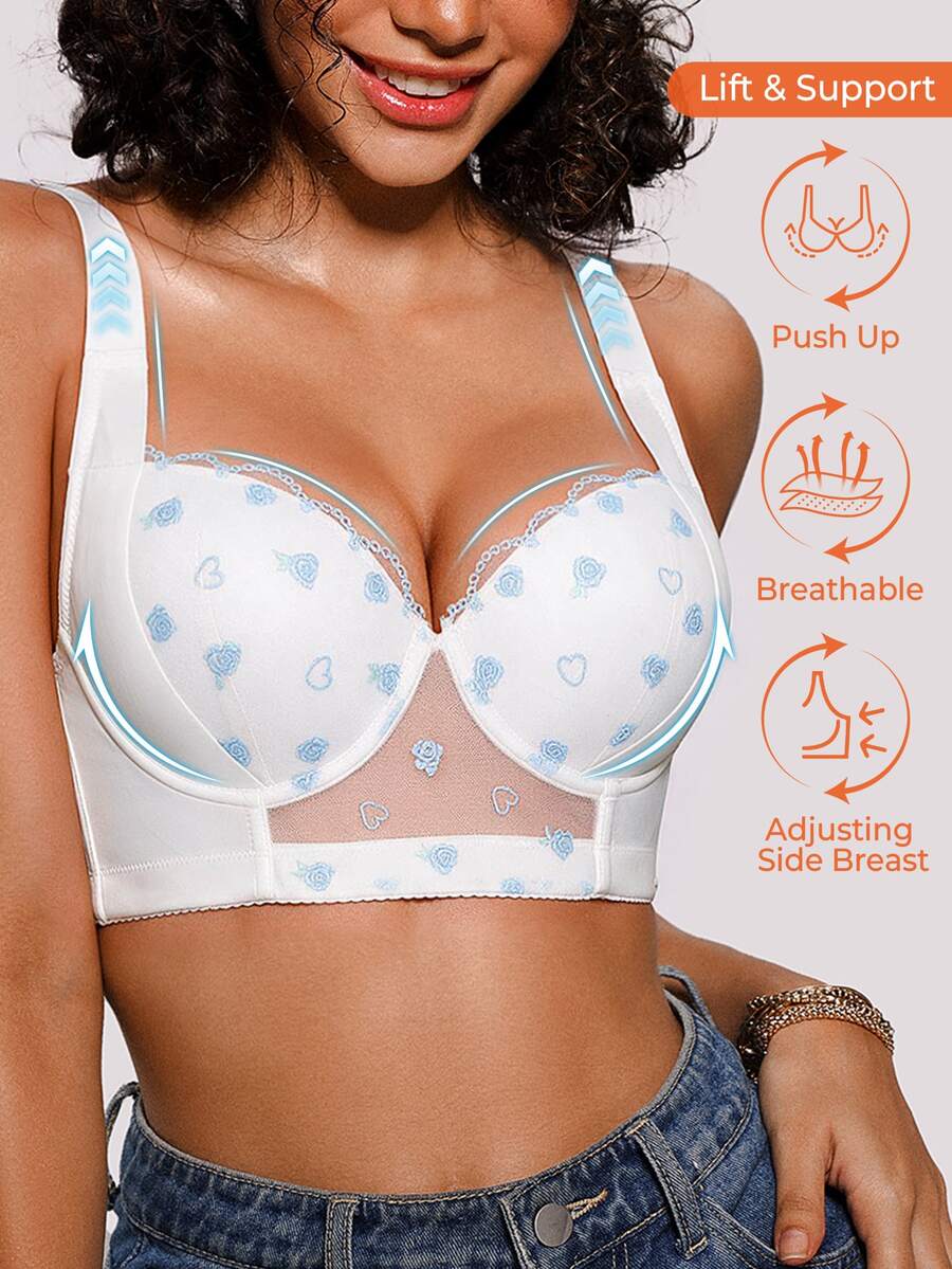 Bareli Dear 女款網紗刺繡胸罩,柔軟舒適,寬肩帶,可調式聚攏,有鋼圈,1件裝 - 淺藍色 - 查看 1