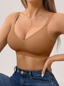 SHEIN 1pc Women's Simple Comfortable Seamless Jelly Glue Wireless Bra With Removable Padding - Brown - View 9