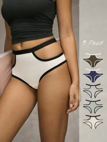 Esseday 5pcs Contrast Color Hollow Design Knitted Sexy Comfortable Casual Daily Women's Triangle Panties - Multicolor - View 3