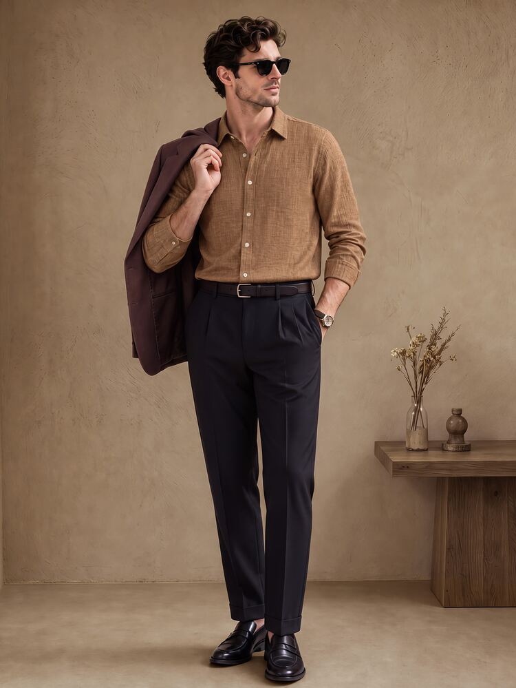 Core Aspect Men's Solid Color Faux Linen Textured Casual Daily Commute Business Slim Fit Long Sleeve Shirt - Khaki - View 5