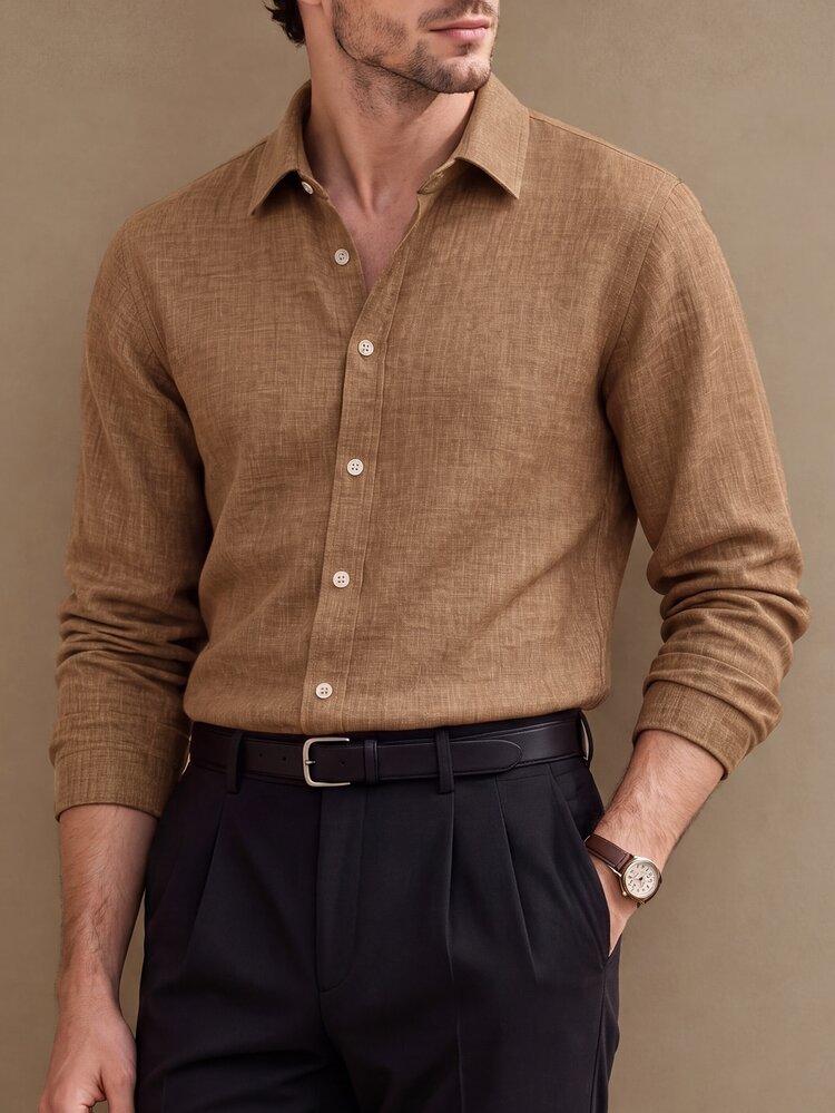 Core Aspect Men's Solid Color Faux Linen Textured Casual Daily Commute Business Slim Fit Long Sleeve Shirt - Khaki - View 6