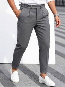 Manfinity Mode Men's Solid Color Pleated Pocket Casual Versatile Commute Business Suit Pant, Formal, Old Money - Light Grey - View 3