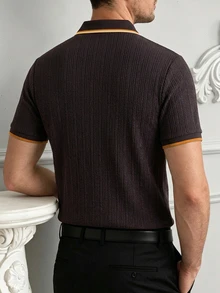 Manfinity Mode 男士紋理條紋鈕扣短袖 Polo 衫，適合通勤與日常穿著 - 棕色 - 查看 2