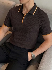 Manfinity Mode 男士紋理條紋鈕扣短袖 Polo 衫，適合通勤與日常穿著 - 棕色 - 查看 3
