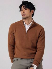 Manfinity CityGents 男士商務休閒拉鍊半開襟長袖紋理針織毛衣，適合度假、秋季街頭穿搭、朋友聚會，棕色系全色調 - 棕色 - 查看 6