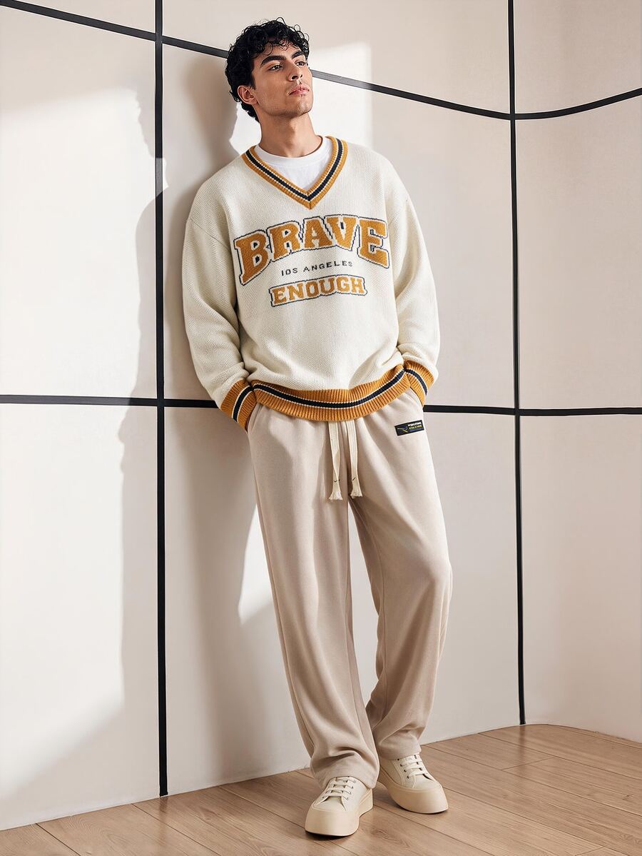 Chillumni Men's V-Neck Letter Pattern Casual Versatile Long Sleeve Pullover Sweater - Apricot - View 1