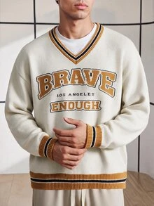 Chillumni Men's V-Neck Letter Pattern Casual Versatile Long Sleeve Pullover Sweater - Apricot - View 3