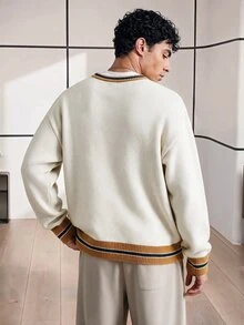 Chillumni Men's V-Neck Letter Pattern Casual Versatile Long Sleeve Pullover Sweater - Apricot - View 2