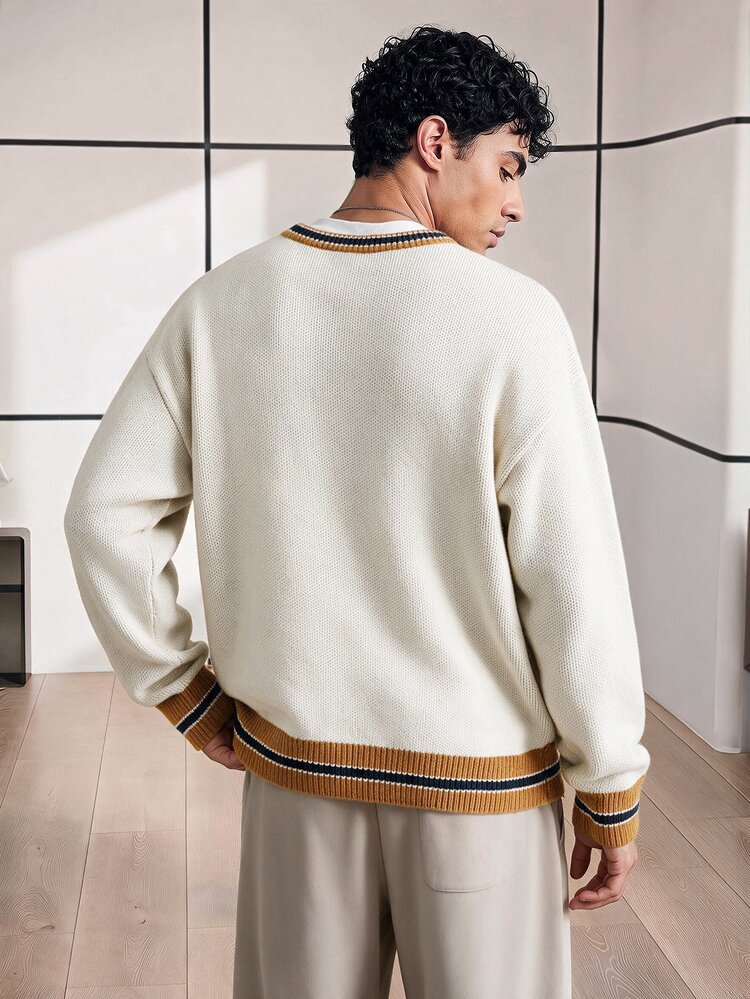 Chillumni Men's V-Neck Letter Pattern Casual Versatile Long Sleeve Pullover Sweater - Apricot - View 2