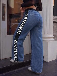 Slaydiva Plus Size Women Drawstring Waist Letter Graphic Pocket Wide Leg Loose Casual Jeans/Summer Dates Vacation Blue And White - Blue - View 3