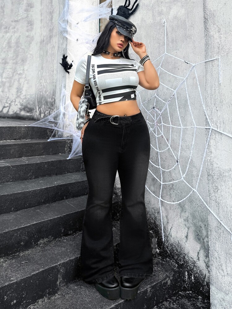 Jeanoix Y2K Plus Size Women's Fashion Skull Print Denim Flare Pants - Black - View 7