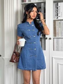 Rivivi 女款時尚百搭鈕扣短袖牛仔洋裝 - 中等水洗藍 - 查看 6