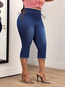 Slaydiva Plus Size Women's Tie Design Casual Daily Wear Cropped Denim Jeans - Dark Wash - View 8