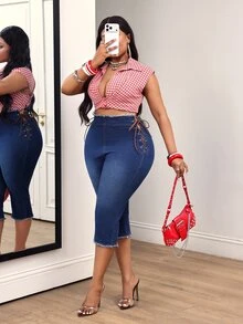 Slaydiva Plus Size Women's Tie Design Casual Daily Wear Cropped Denim Jeans - Dark Wash - View 6