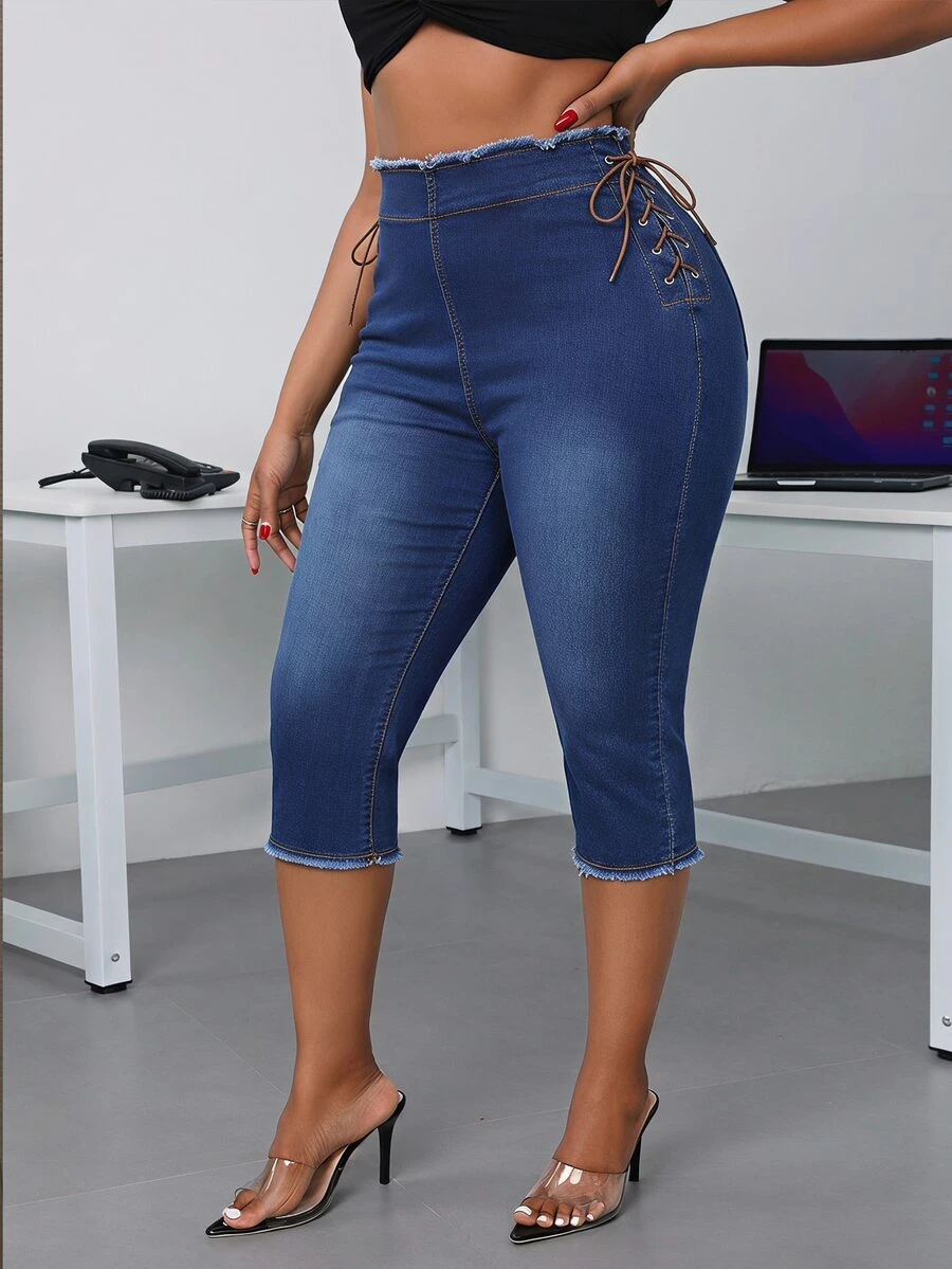Slaydiva Plus Size Women's Tie Design Casual Daily Wear Cropped Denim Jeans - Dark Wash - View 1